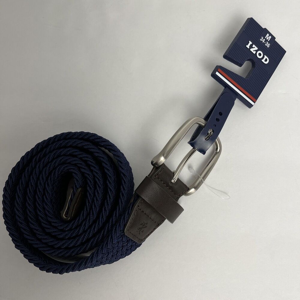 Izod Belt Navy Mens Size Medium 34-36 Braided Fabric Elastic Woven Stretch Golf - Picture 3 of 7